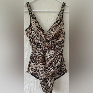 MIRACLESUIT brown/black, animal print one piece swimsuit, adjustable straps; 10